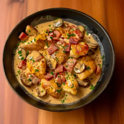 Émincés de Poulet à la Moutarde et Lardons