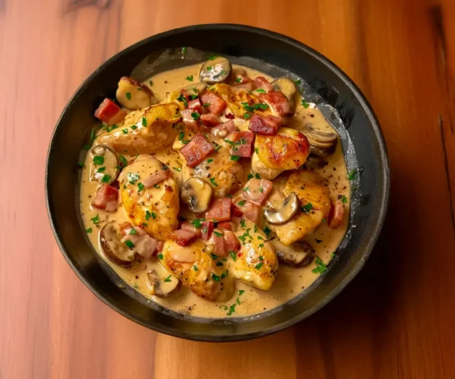 Émincés de Poulet à la Moutarde, Lardons et Champignons 🍗
