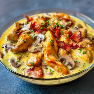 Émincés de poulet à la moutarde et lardons