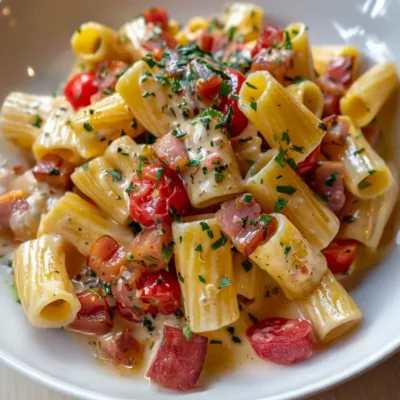 Pâtes crémeuses au Boursin, lardons et tomates cerises