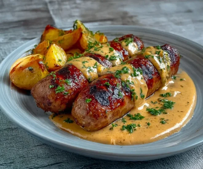 Saucisses Grillées à la Sauce Crémeuse et Pommes de Terre Rôties