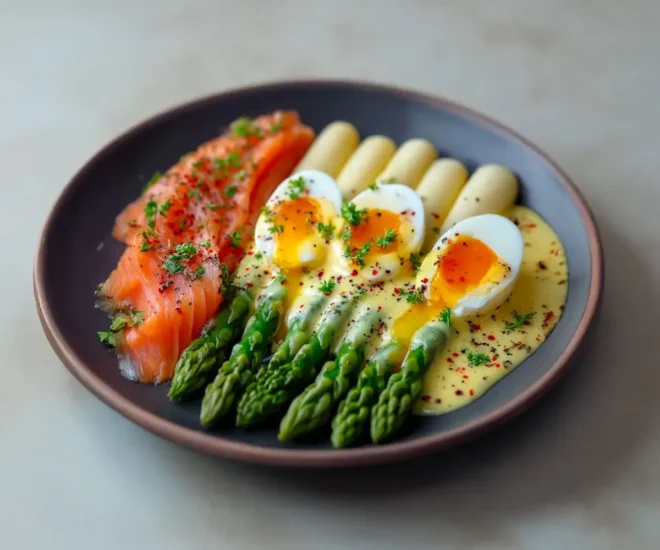 🌿 Asperges au saumon fumé, œuf poché et crevettes grises