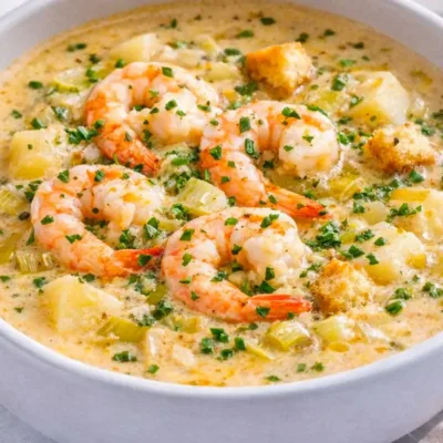 Bisque crémeuse aux crevettes et poireaux
