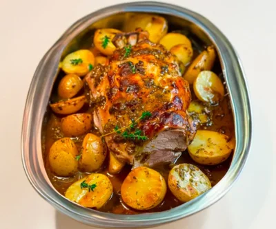 Gigot d’agneau rôti aux pommes de terre fondantes au four