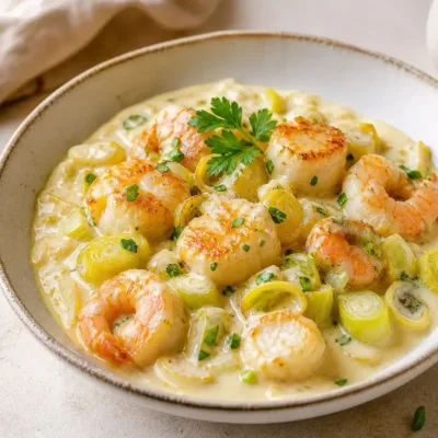 Blanquette de Saint-Jacques aux Crevettes et Poireaux