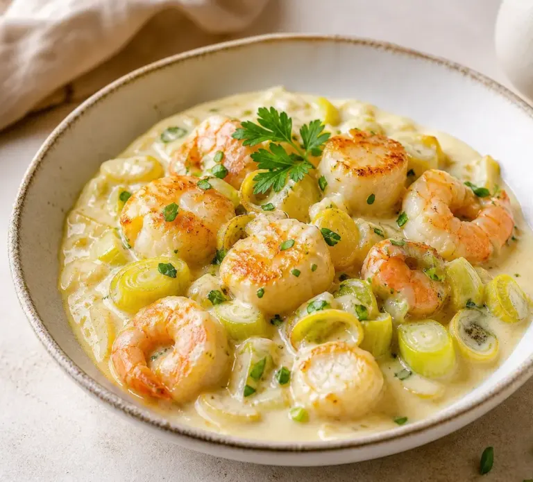 Blanquette de Saint-Jacques aux Crevettes et Poireaux