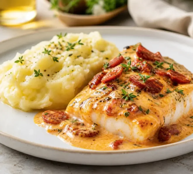 Dos de Cabillaud à la Crème de Chorizo et Écrasé de Pommes de Terre