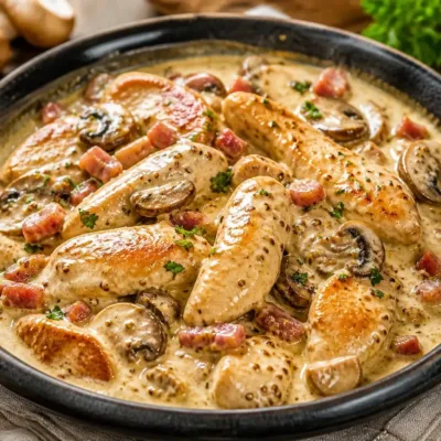 Émincés de Poulet Crémeux à la Moutarde et Lardons