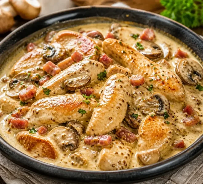 Émincés de Poulet Crémeux à la Moutarde, Lardons et Champignons