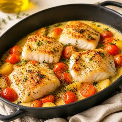 Filets de cabillaud au four, sauce crémeuse et légumes