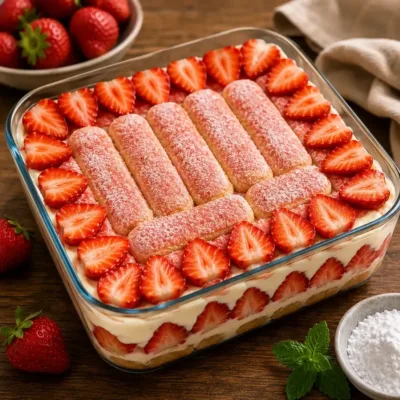 Gâteau Fraises & Biscuits Roses Sans Cuisson