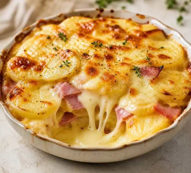 Gratin de Pommes de Terre, Jambon et Fromage Coulant
