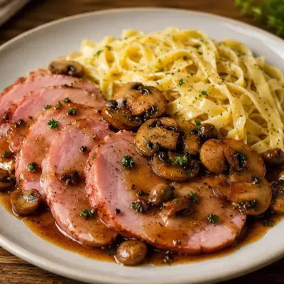 Jambon Sauce Madère aux Champignons et Tagliatelles
