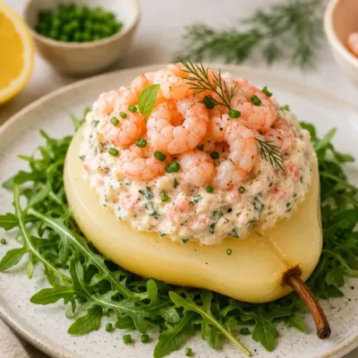 Mousse aux Crevettes sur Poires Pochées