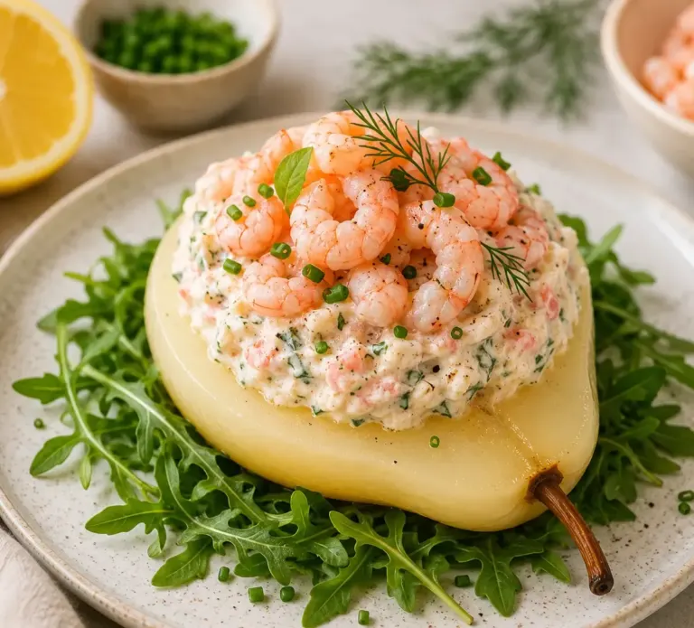 Mousse aux Crevettes sur Poires Pochées