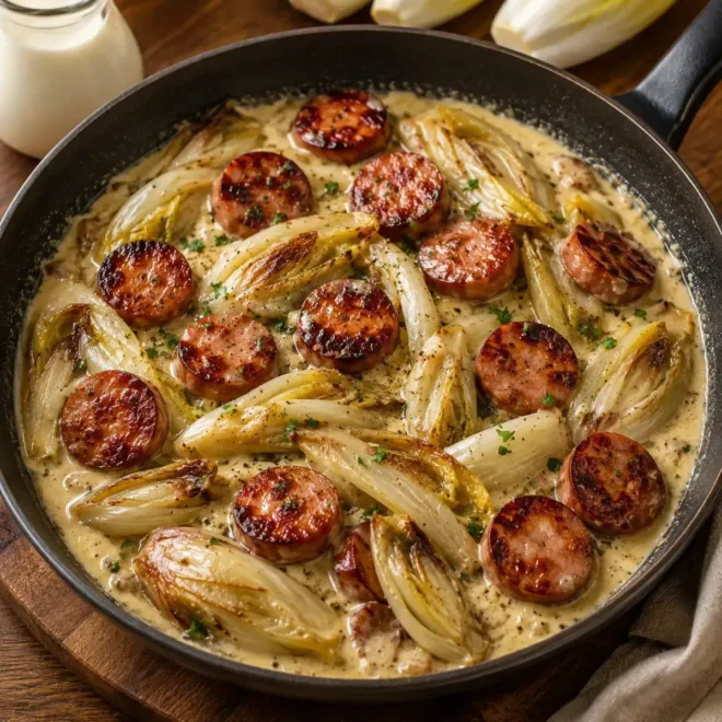 Poêlée d’Endives à la Saucisse Fumée et à la Crème