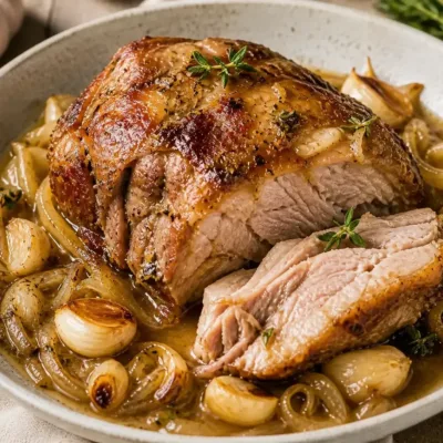 Rouelle de Porc Confite à l’Ail et Oignons