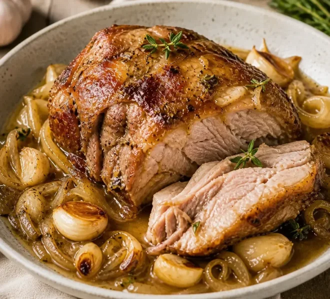 Rouelle de Porc Confite à l’Ail et aux Oignons