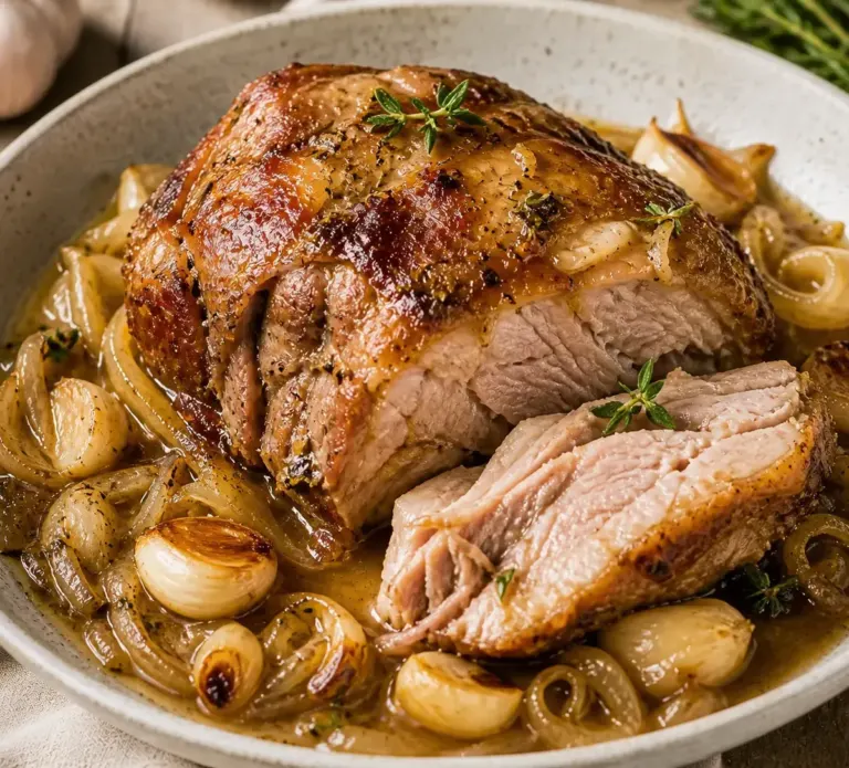 Rouelle de Porc Confite à l’Ail et aux Oignons