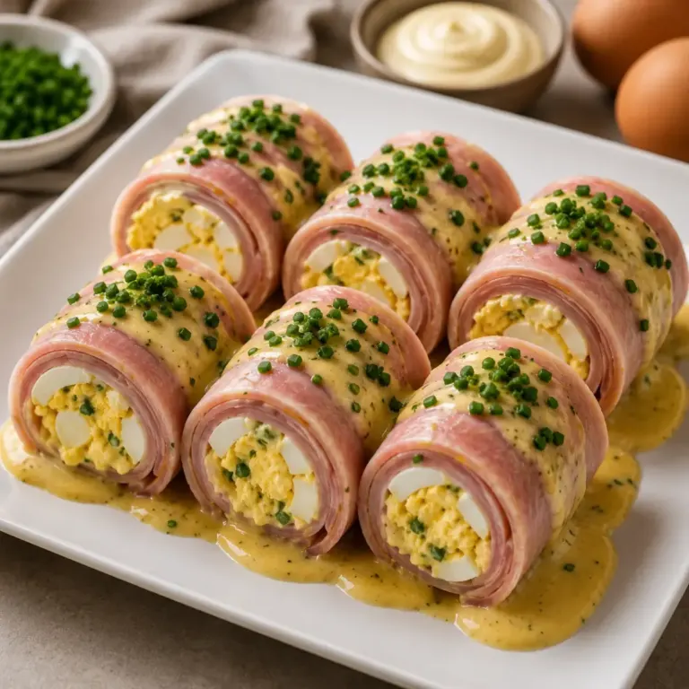 Roulés de Jambon Farcis aux Œufs Mimosa et Sauce Crémeuse