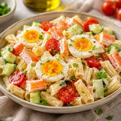 Salade de pâtes au surimi et œufs durs