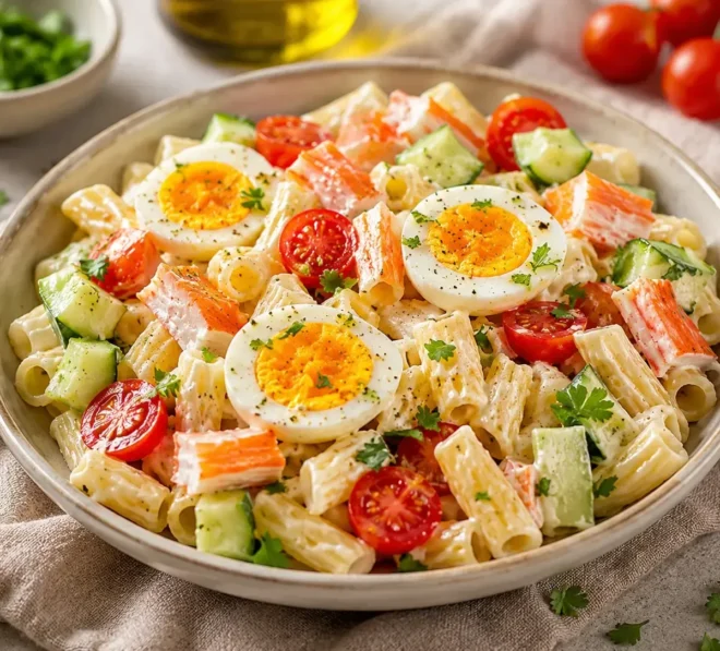 Salade de pâtes au surimi et œufs durs : fraîcheur et simplicité