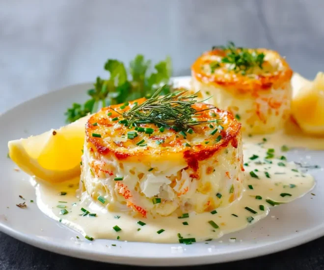Timbales de Crabe Gratinées à la Sauce Crémeuse aux Herbes