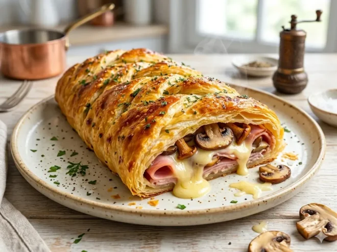 Tresse Feuilletée au Jambon, Champignons et Fromage Façon Croque-Monsieur