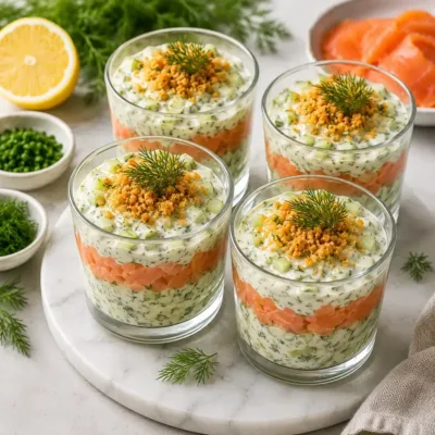 Verrines fraîches au saumon fumé et concombre