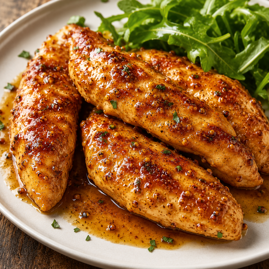 : Aiguillettes de poulet sauce miel-moutarde servies avec une sauce crémeuse, du persil frais et un accompagnement gourmand.
