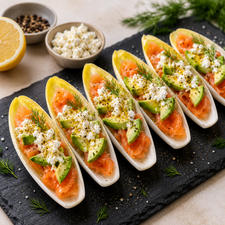 Barquettes d’Endives au Saumon Fumé, Avocat et Fromage Frais : Une Entrée Élégante et Raffinée