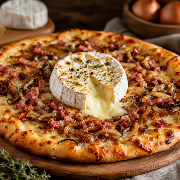 Pizza Camembert Fondante aux Lardons et Oignons Caramélisés