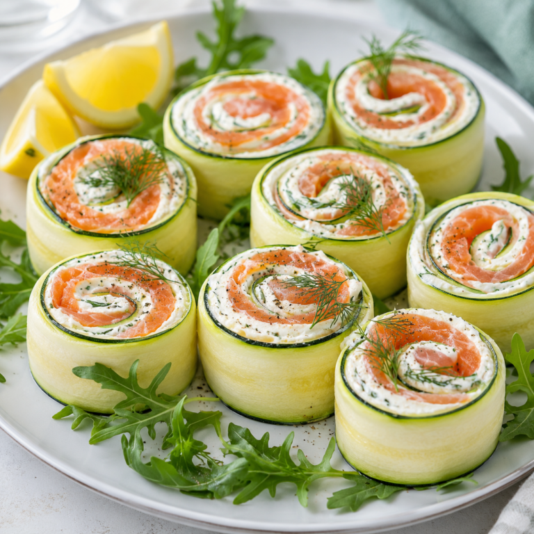 Roulés au fromage fouetté, courgette et saumon fumé