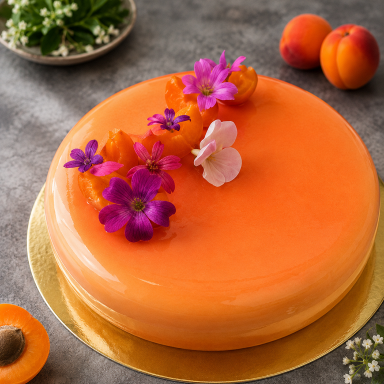 Entremet Abricots maison avec mousse légère, insert aux abricots, biscuit moelleux et glaçage miroir brillant présenté sur un plat de service.