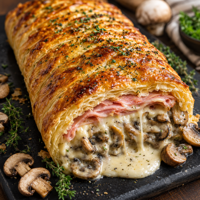 Feuilleté Tressé au Jambon, Champignons et Fromage