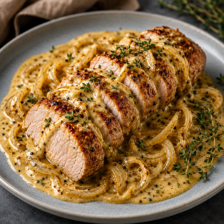 Filet Mignon de Porc à la Crème de Moutarde et Oignons Caramélisés