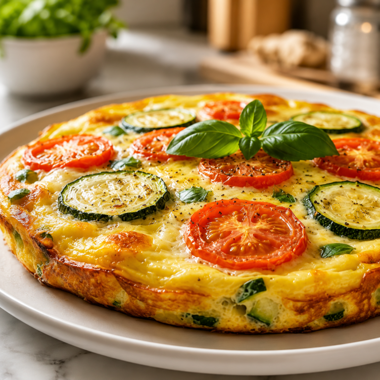 Frittata aux courgettes et tomates dorée au four, garnie de basilic frais, servie en parts avec une salade verte.