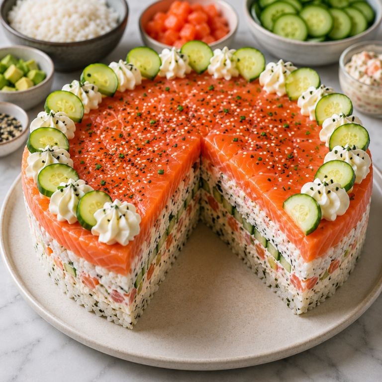 Gâteau de Sushi au Saumon, Avocat et Fromage Frais