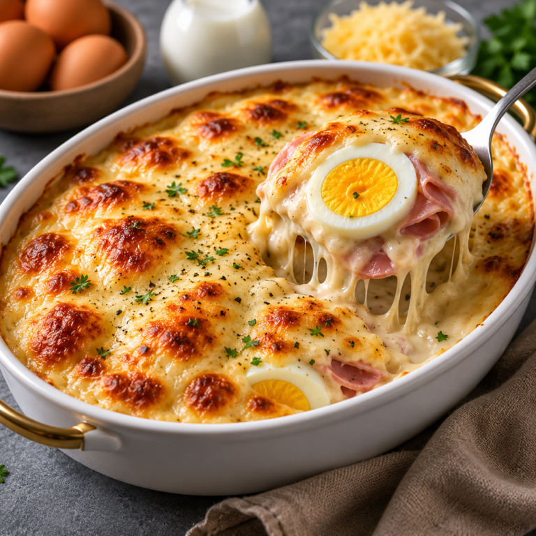 Gratin Crémeux au Jambon, Œufs et Fromage