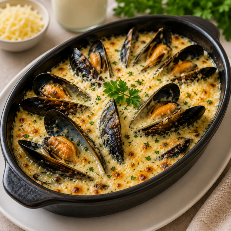 Mouclade au curry doux servie avec des moules fraîches dans une sauce crémeuse au curry et au vin blanc.