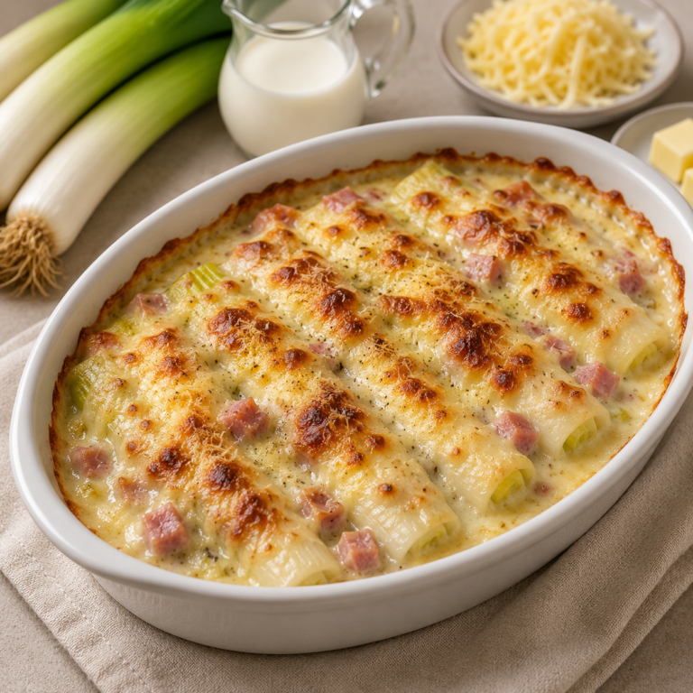 Gratin de Poireaux au Jambon et Sauce Béchamel