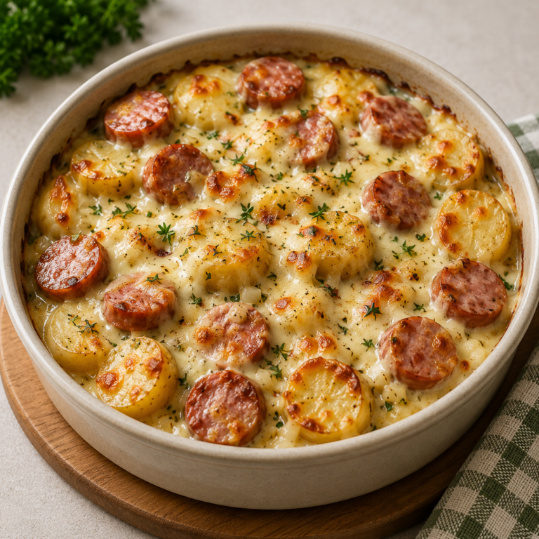 Gratin de Pommes de Terre aux Saucisses et Sauce Crémeuse