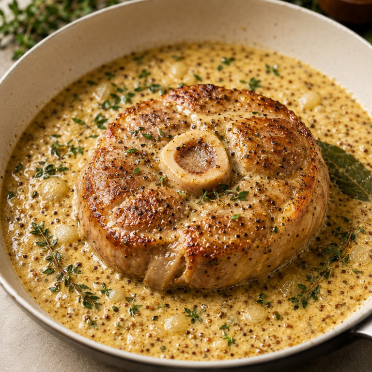 Jarret de porc à la sauce crémeuse à la moutarde à l’ancienne