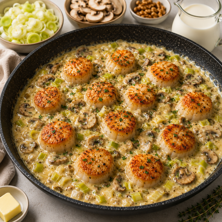 Noix de Saint-Jacques à la Fondue de Poireaux et Champignons Crémés