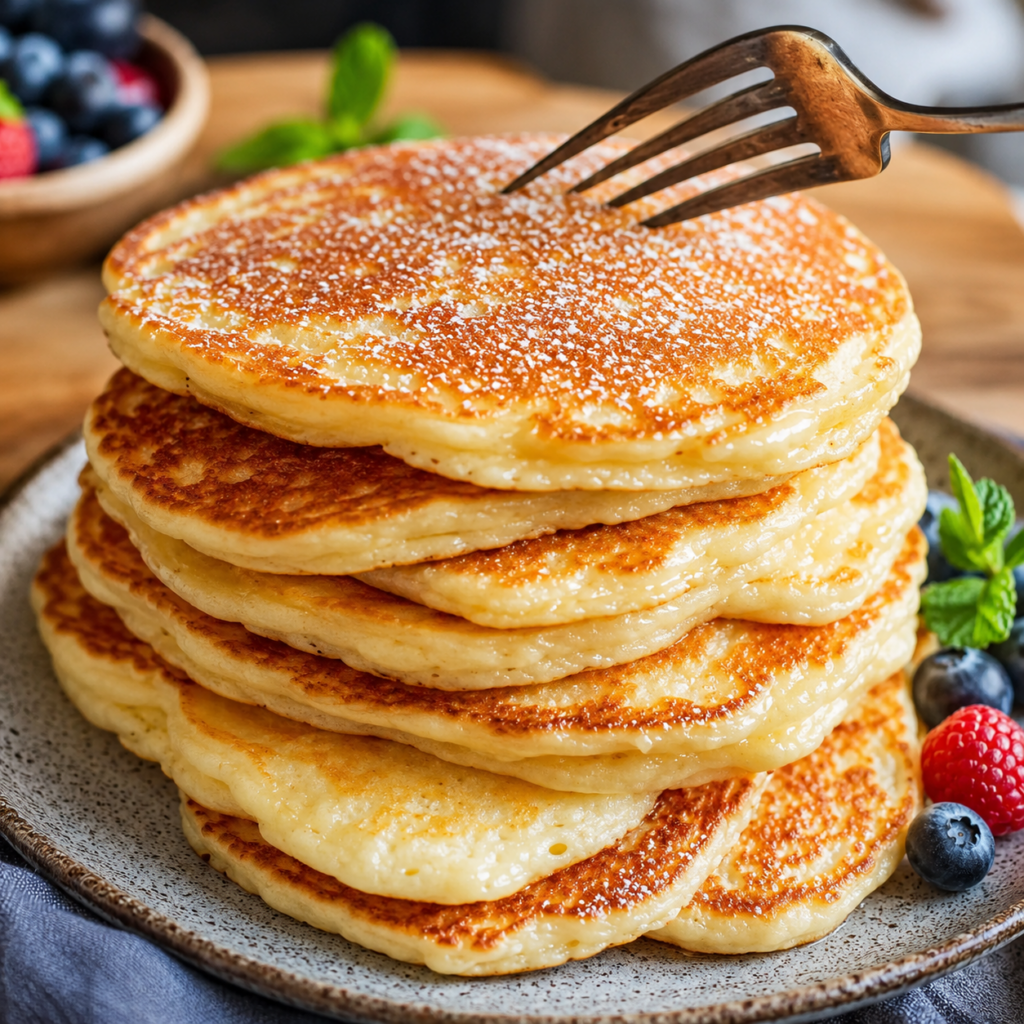 Pile de pancakes au yaourt légers et moelleux servis avec des fruits frais, du sirop d'érable et une noix de beurre.