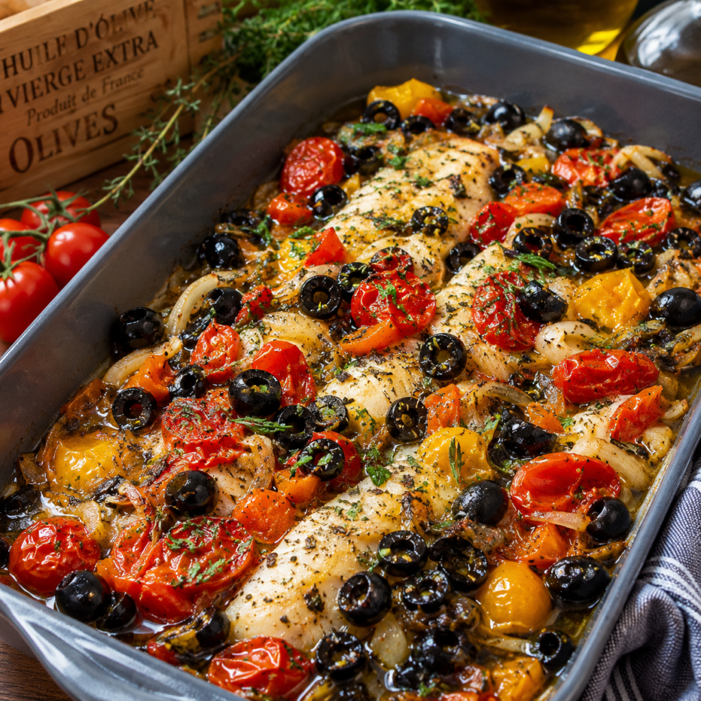 Filet de poisson à la provençale servi avec une sauce aux tomates, poivrons, olives noires et herbes de Provence.