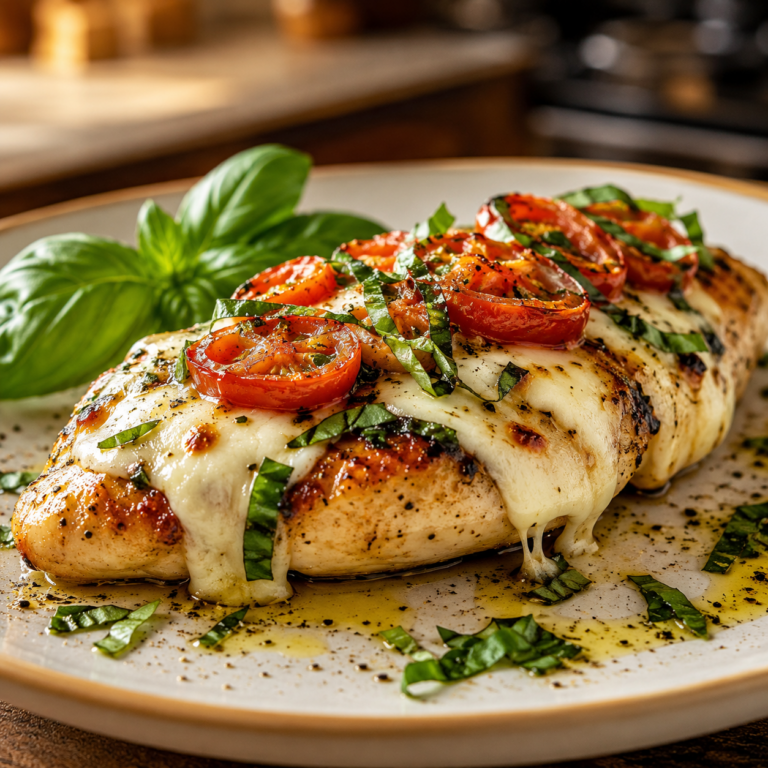 Filet de poulet au basilic et mozzarella fondante servi avec une sauce aux tomates fraîches et basilic, dans un plat d'inspiration méditerranéenne.