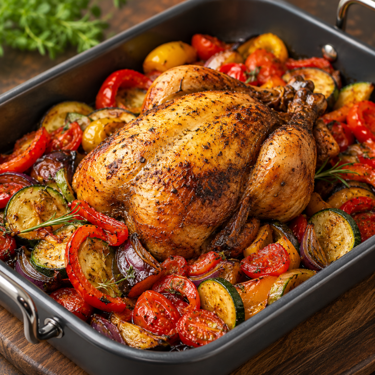 Poulet rôti aux légumes d’été servi dans un grand plat avec courgettes, tomates, poivrons, pommes de terre grenaille et herbes fraîches.