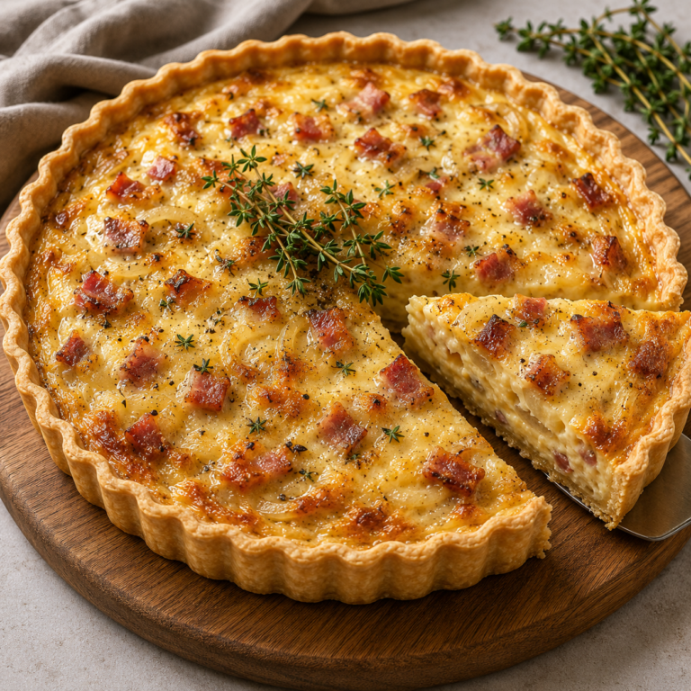 Quiche aux Oignons Caramélisés et Lardons : Une Recette Rustique et Gourmande