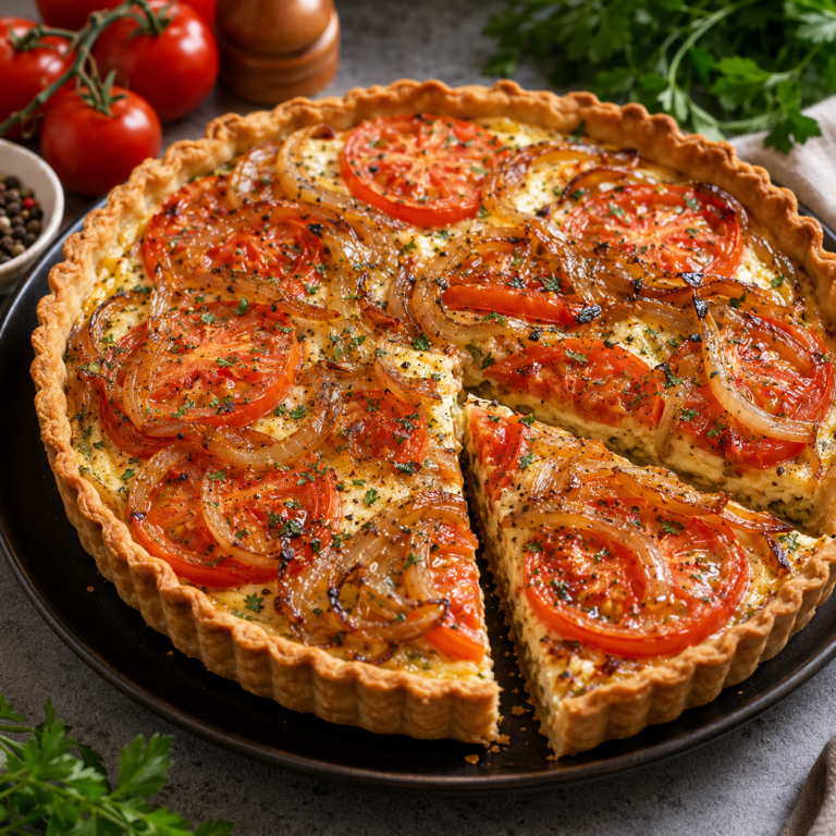 Tarte au Thon, Tomates et Oignons Caramélisés : Une Recette Familiale Savoureuse